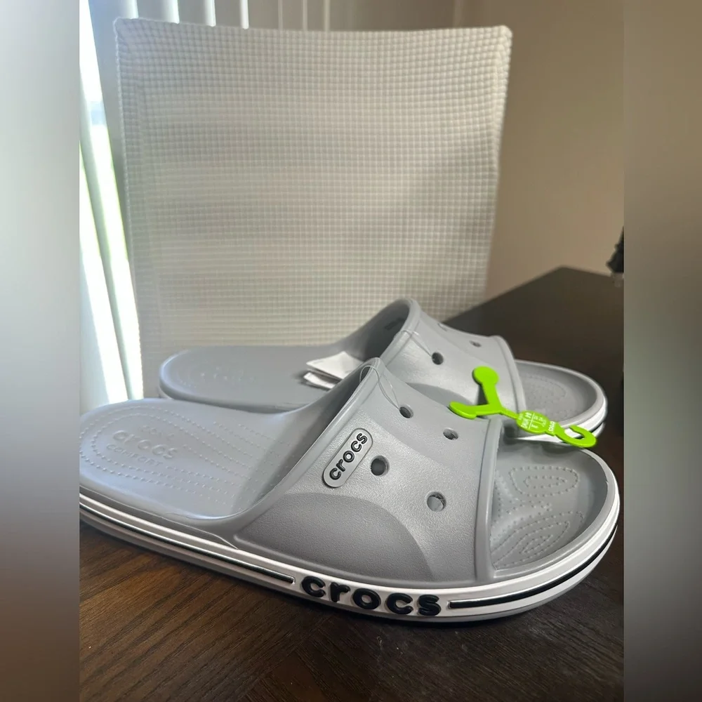 CROCS Men’s ' Light Gray Slide Sandals with Black Trim